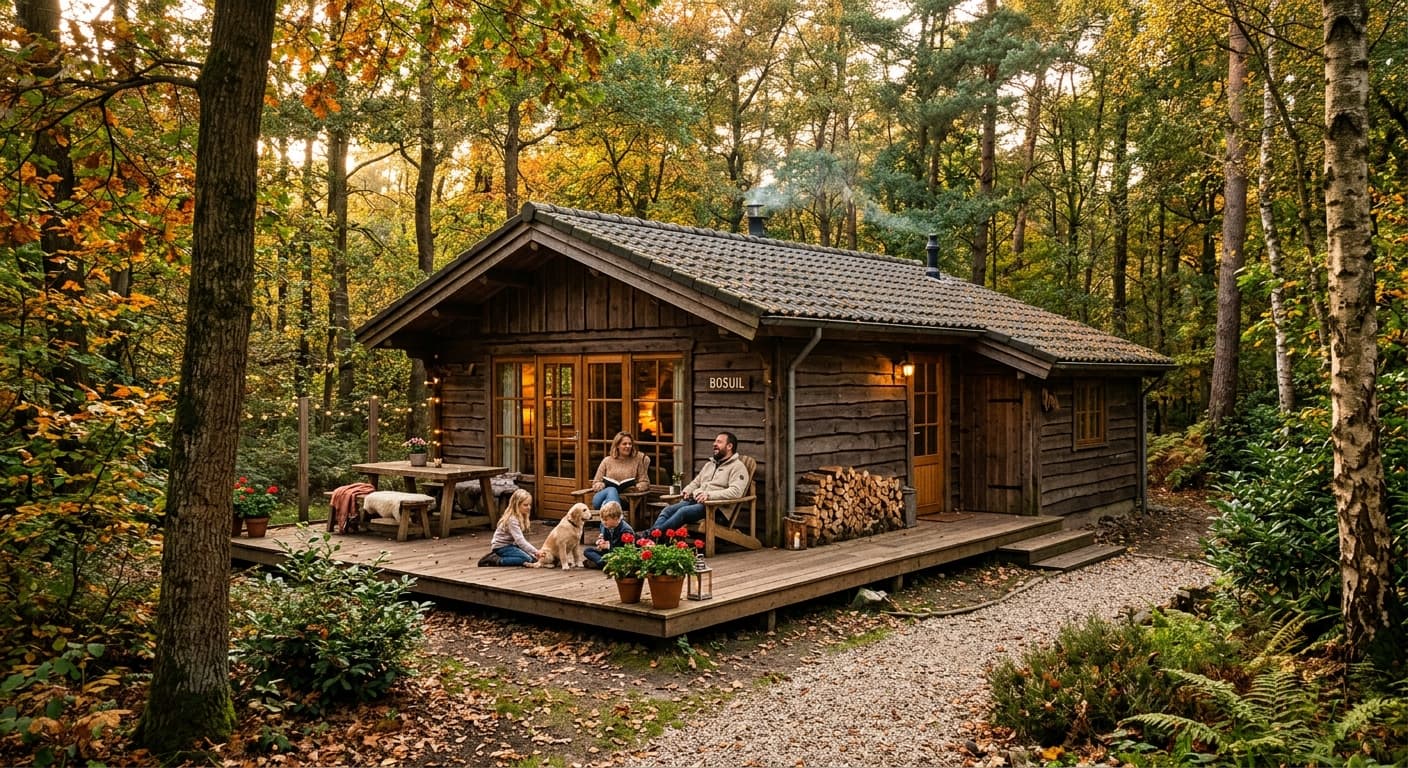 Gezin met een hond ontspant op het houten terras van een vakantiehuisje in het bos tijdens de herfst.