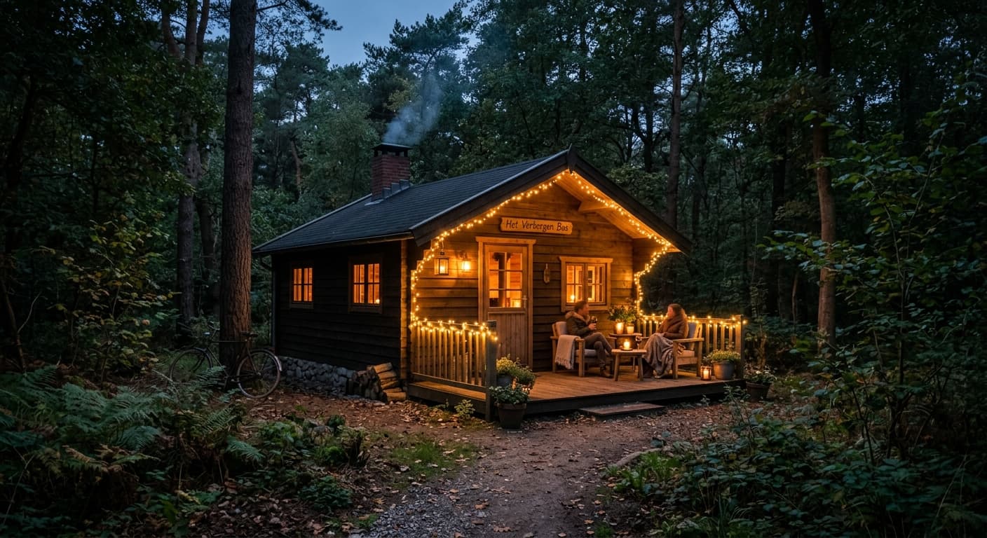 Houten vakantiehuisje in het bos tijdens de avond, met sfeervolle kerstverlichting en mensen op het terras.