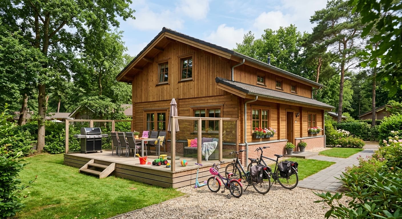 Een houten vakantiehuis in een bosrijke omgeving met een terras, barbecue, tuinset en diverse fietsen op het pad.
