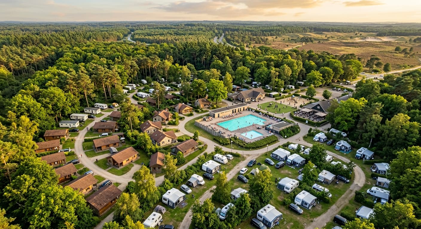 Luchtfoto van een vakantiepark in een bos met chalets, kampeerplaatsen met caravans en een buitenzwembad in de zomer.