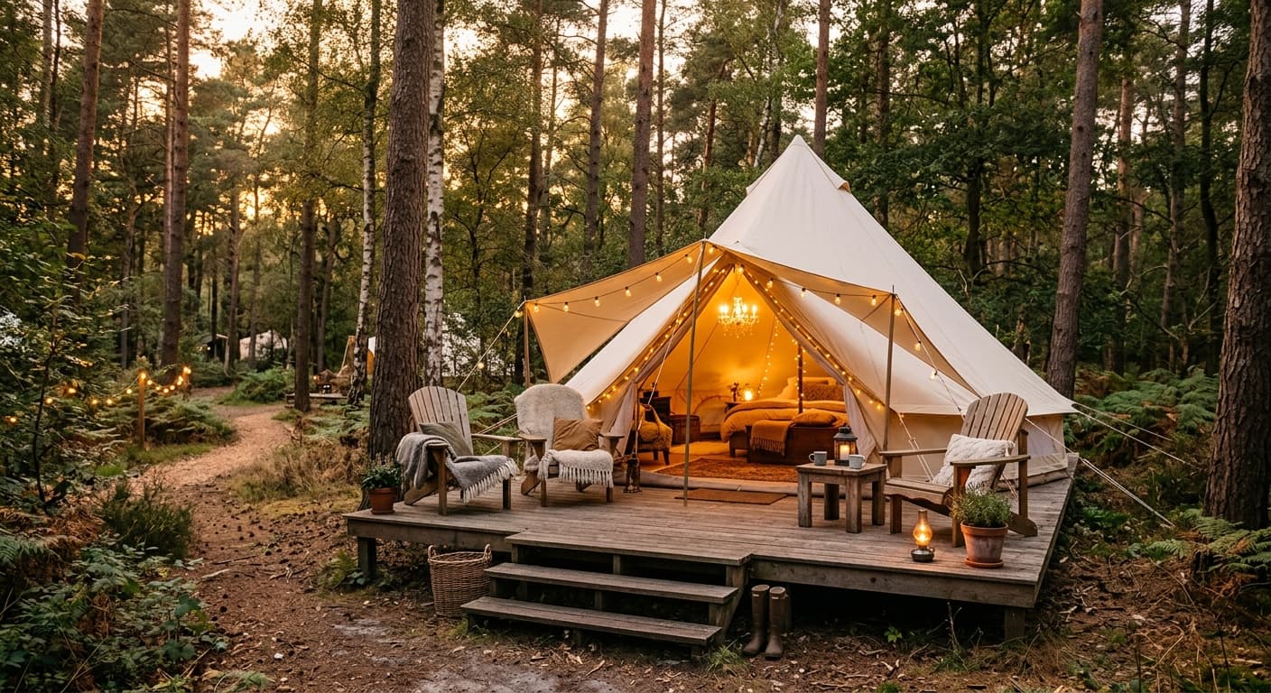 Grote witte glampingtent met verlichting op een houten terras in een bos, voorzien van stoelen en een bed.