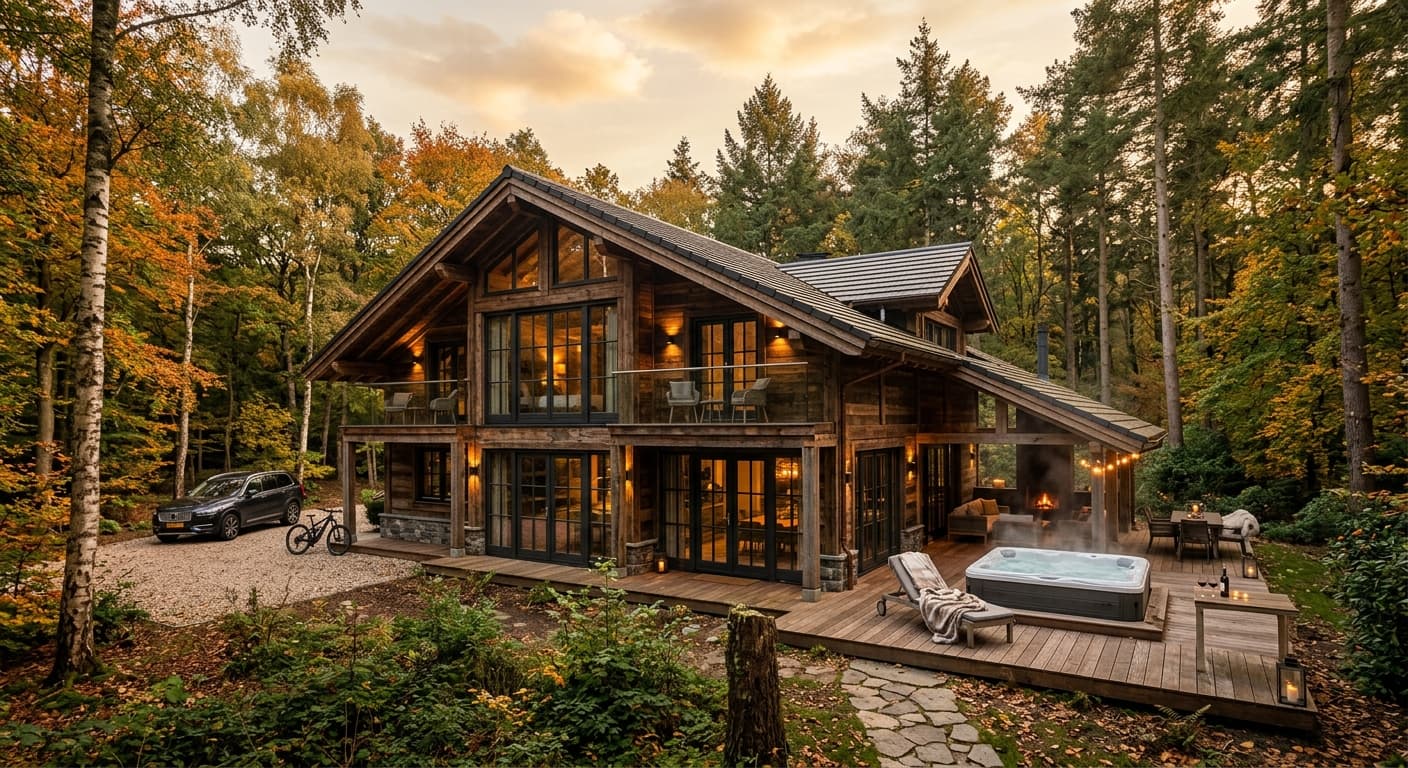 Luxe houten vakantiewoning in een bosrijk gebied in de herfst met een dampende hottub op het terras.