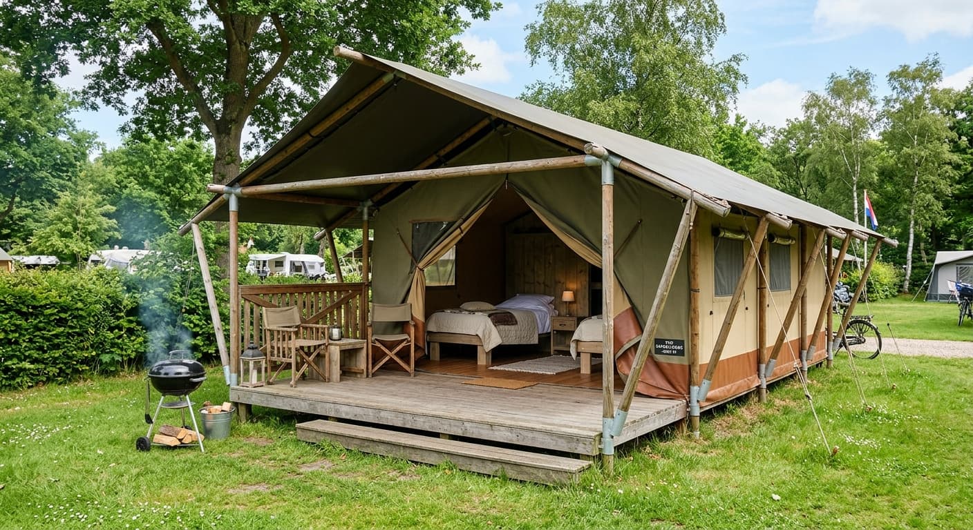Safaritent met open tentdoek, houten veranda met stoelen en een brandende barbecue op een groene camping.