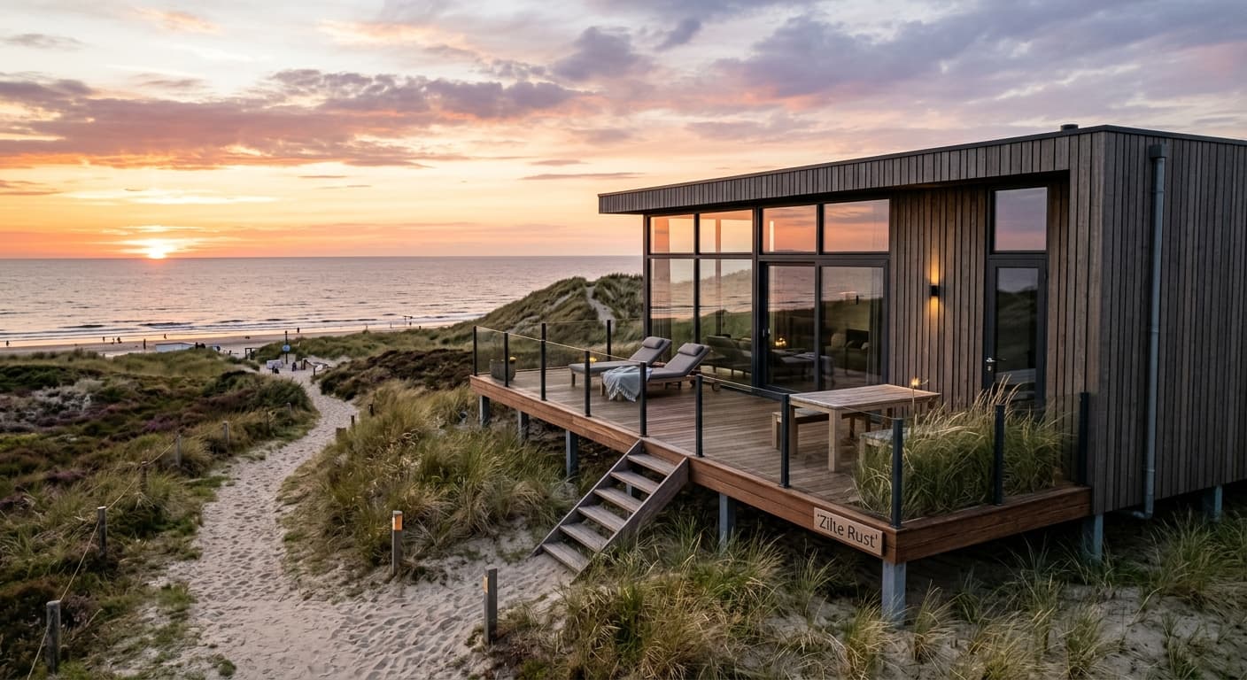 Moderne houten vakantiewoning op palen in de duinen met uitzicht op zee tijdens een oranje zonsondergang.