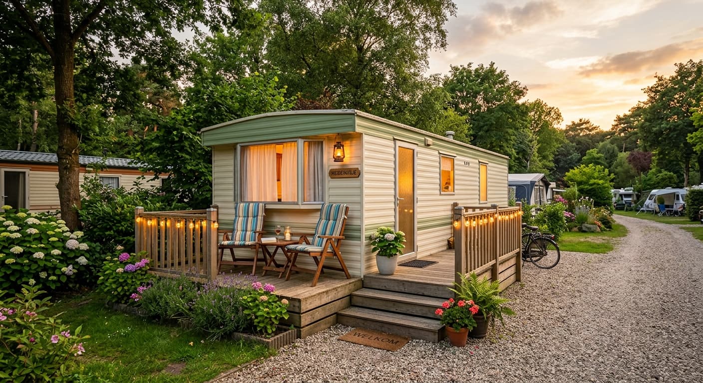 Stacaravan met houten veranda, verlicht door lichtsnoeren, staand op een bospad tijdens zonsondergang.