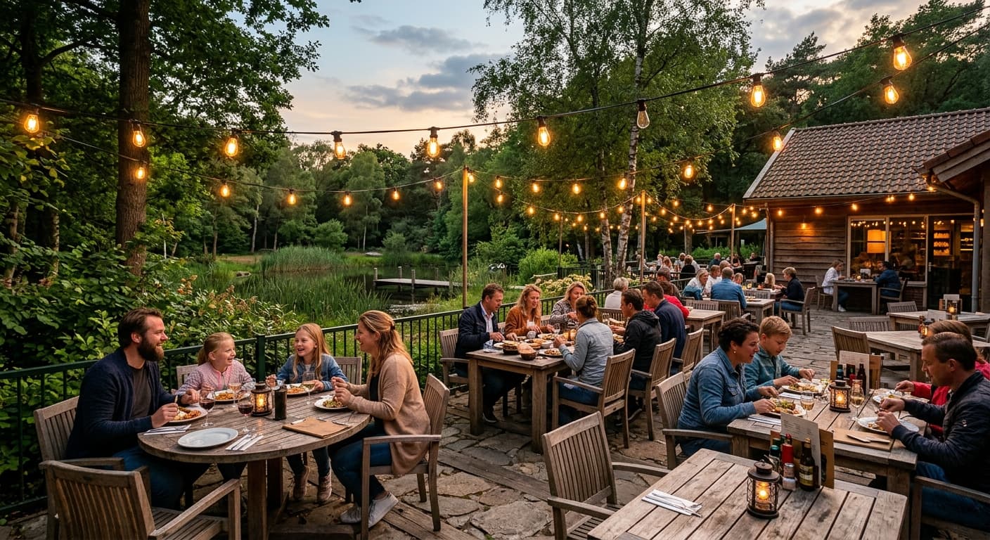 Gasten dineren op een houten terras aan een vijver, verlicht door lichtsnoeren in de avondschemering.