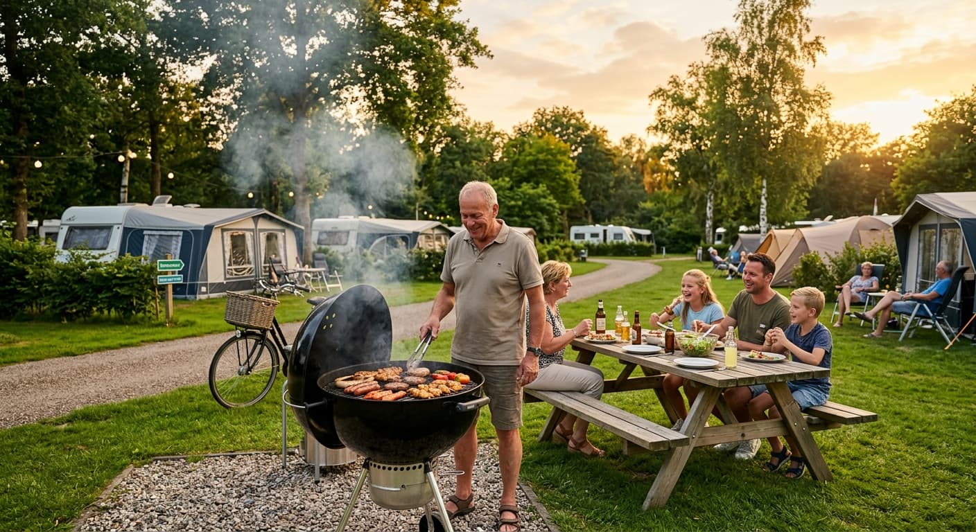 Man bereidt barbecue voor bij picknicktafel waar een gezin gezellig samen eet op een zonnige camping.