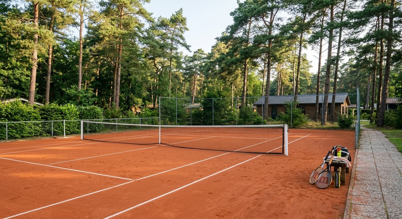 Tennisbaan met oranje gravel en een net, met tennisrackets en een ballenkoker op een bankje naast de baan.