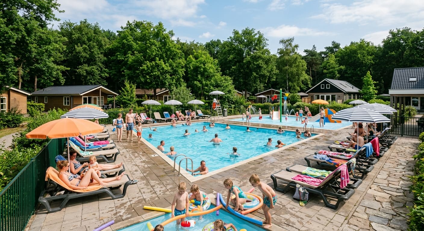 Buitenzwembad op een recreatiepark met een ondiep kinderbad op de voorgrond en gasten op ligbedden.