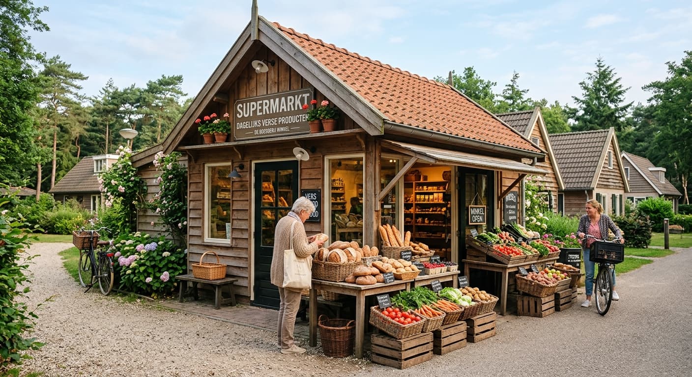 Een houten supermarktgebouw met uitgestalde verse groenten en brood voor de deur en klanten op de fiets.