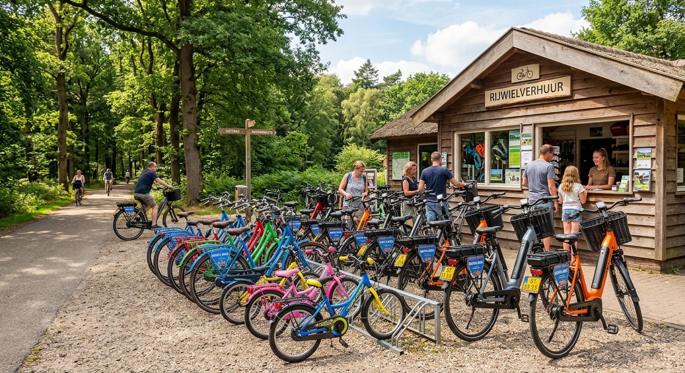 Mensen huren fietsen bij een houten gebouw in het bos, omringd door diverse huurfietsen op een zonnige dag.