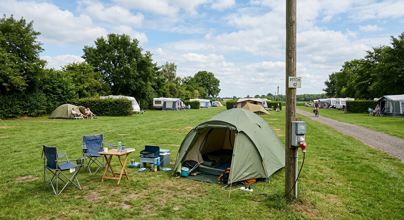 Kampeerveld met groene tent op de voorgrond, diverse caravans in de verte en een elektriciteitspaal op een grasveld.