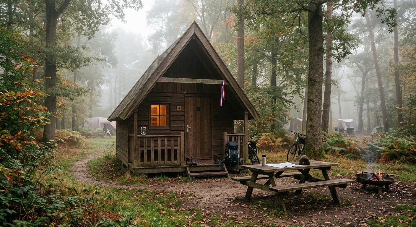 Houten trekkershut met veranda in een bosrijke omgeving met mist, een picknicktafel en een kampvuur.