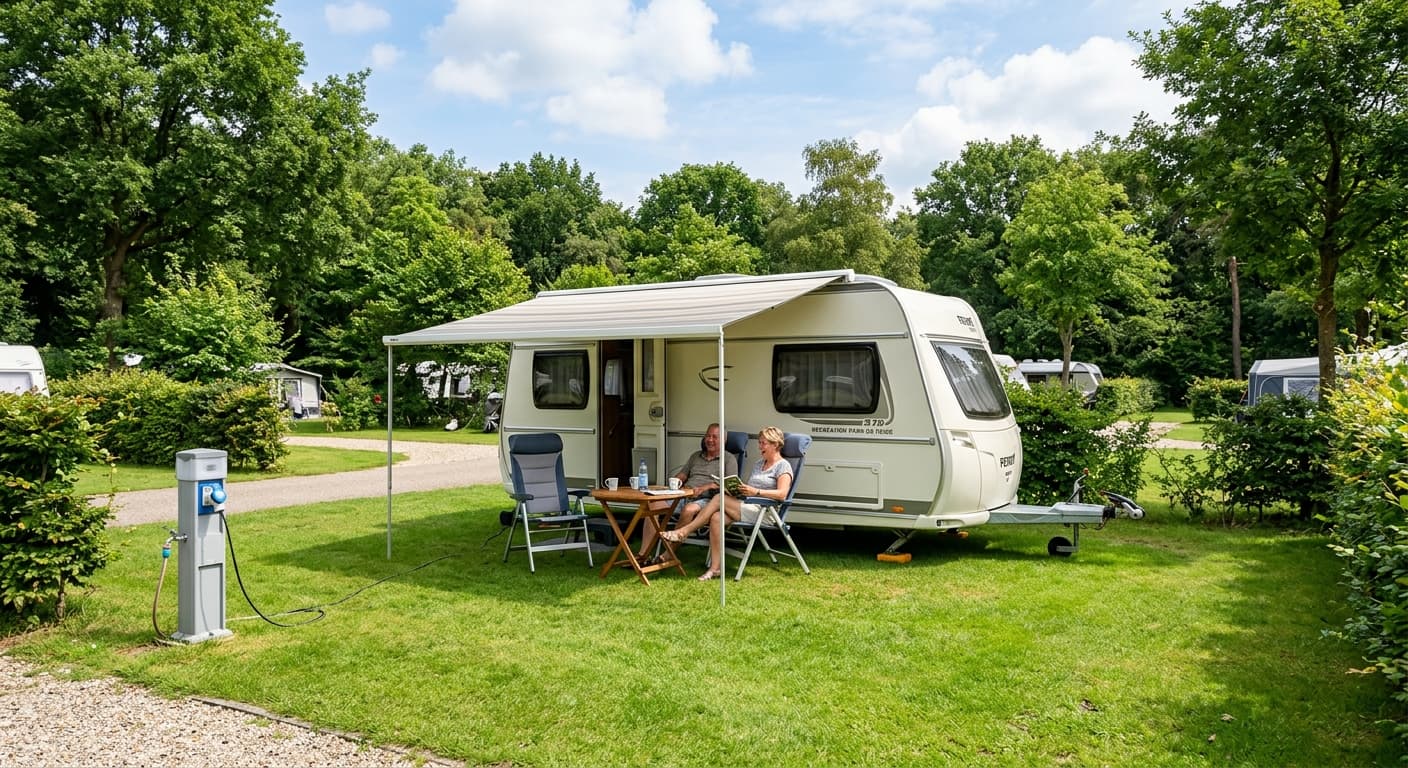 Een echtpaar zit in stoelen voor hun witte caravan met uitgedraaide luifel op een zonnige kampeerplek in de natuur.
