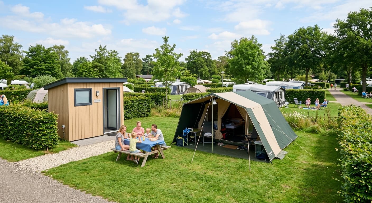 Gezin eet aan een picknicktafel bij een grote tent op een kampeerplaats met een modern privé sanitair unit.
