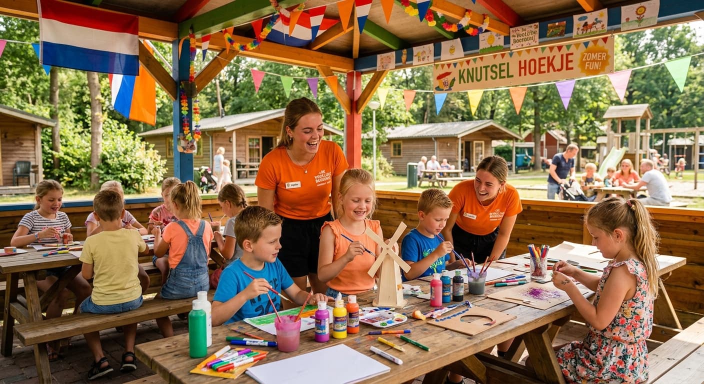 Twee animatiemedewerkers begeleiden een groep kinderen die aan houten picknicktafels knutselen in een overdekte tent.