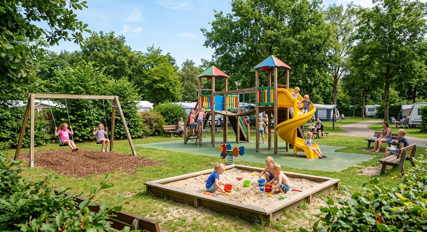 Kinderen spelen in een houten speeltuin met glijbaan, schommels en zandbak op een zonnige dag op de camping.
