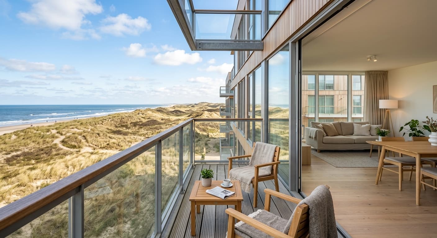 Balkon met houten meubels dat uitkijkt op een uitgestrekt duinlandschap en de zee bij een modern appartement.