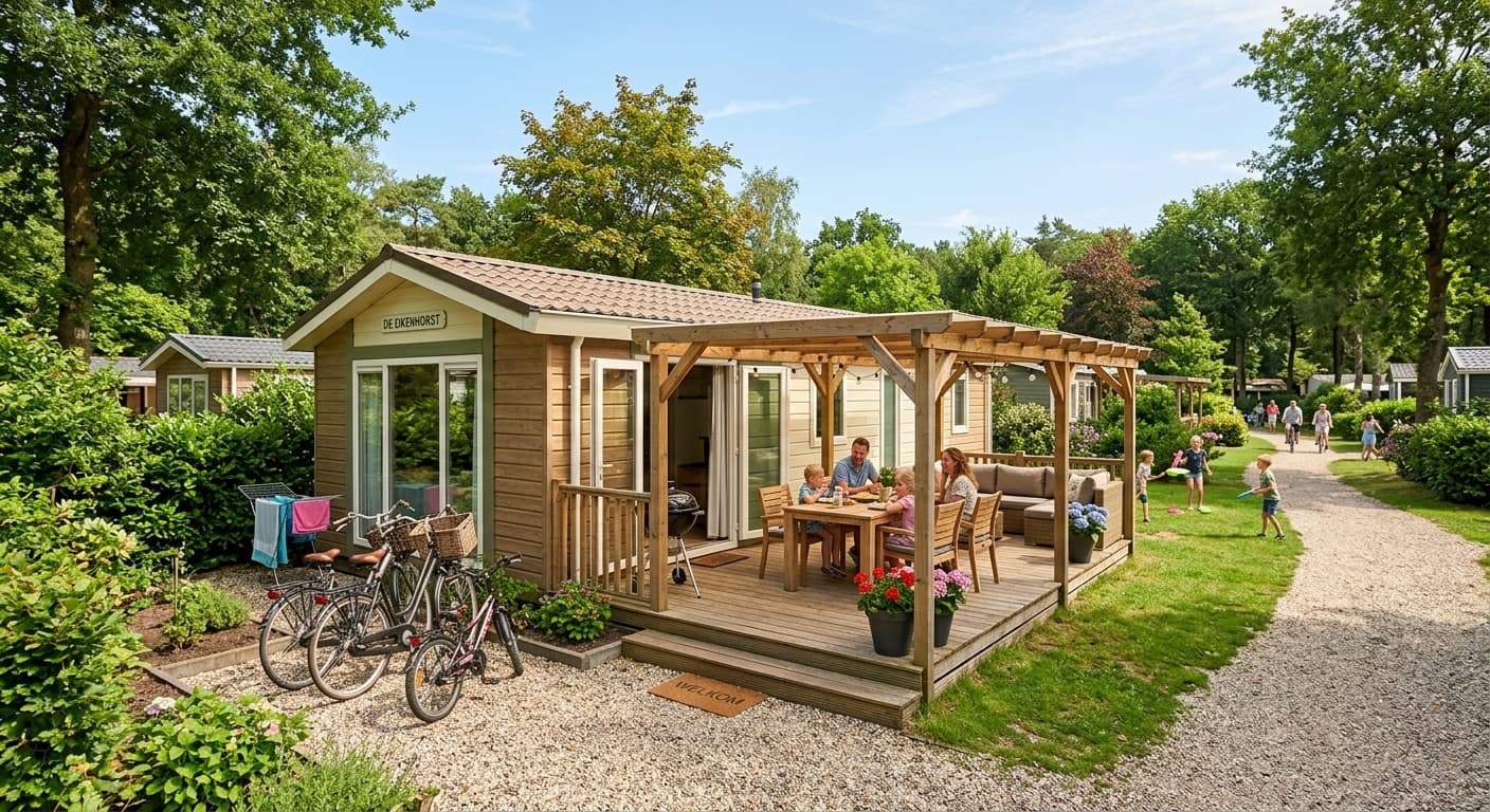 Gezin geniet van een maaltijd op de veranda van een houten chalet op een zonnig vakantiepark met fietsen en kinderen.