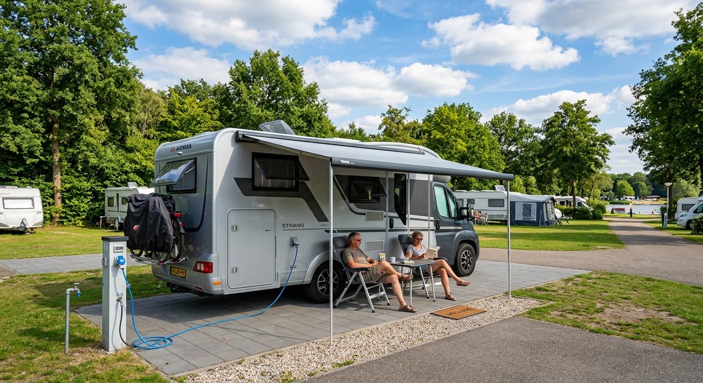 Een echtpaar zit in relaxstoelen onder de luifel van hun zilveren Adria camper op een verharde kampeerplaats in de zon.