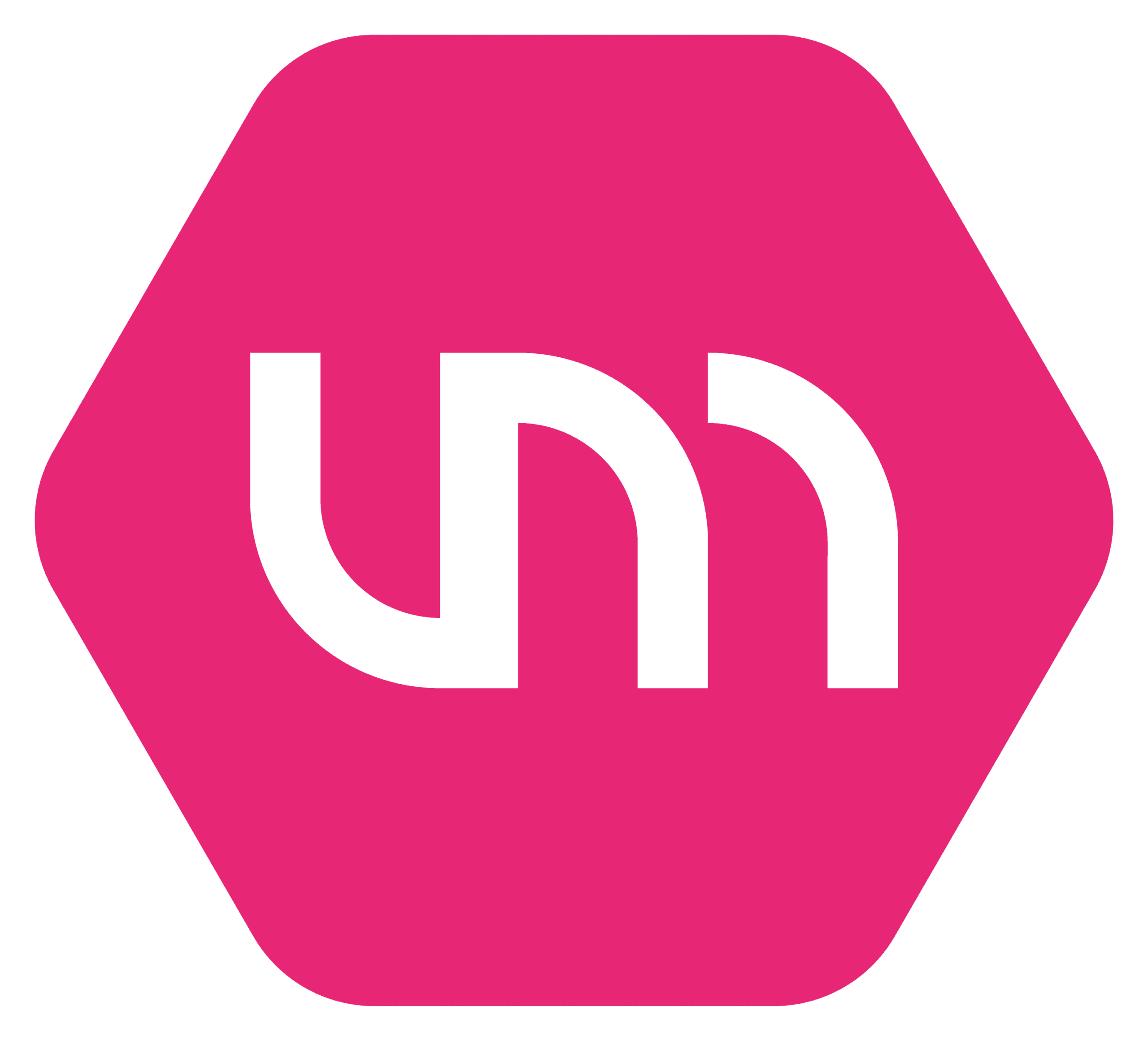 Het witte logo van upper marketing geplaatst in een roze zeshoekig kader met afgeronde hoeken.