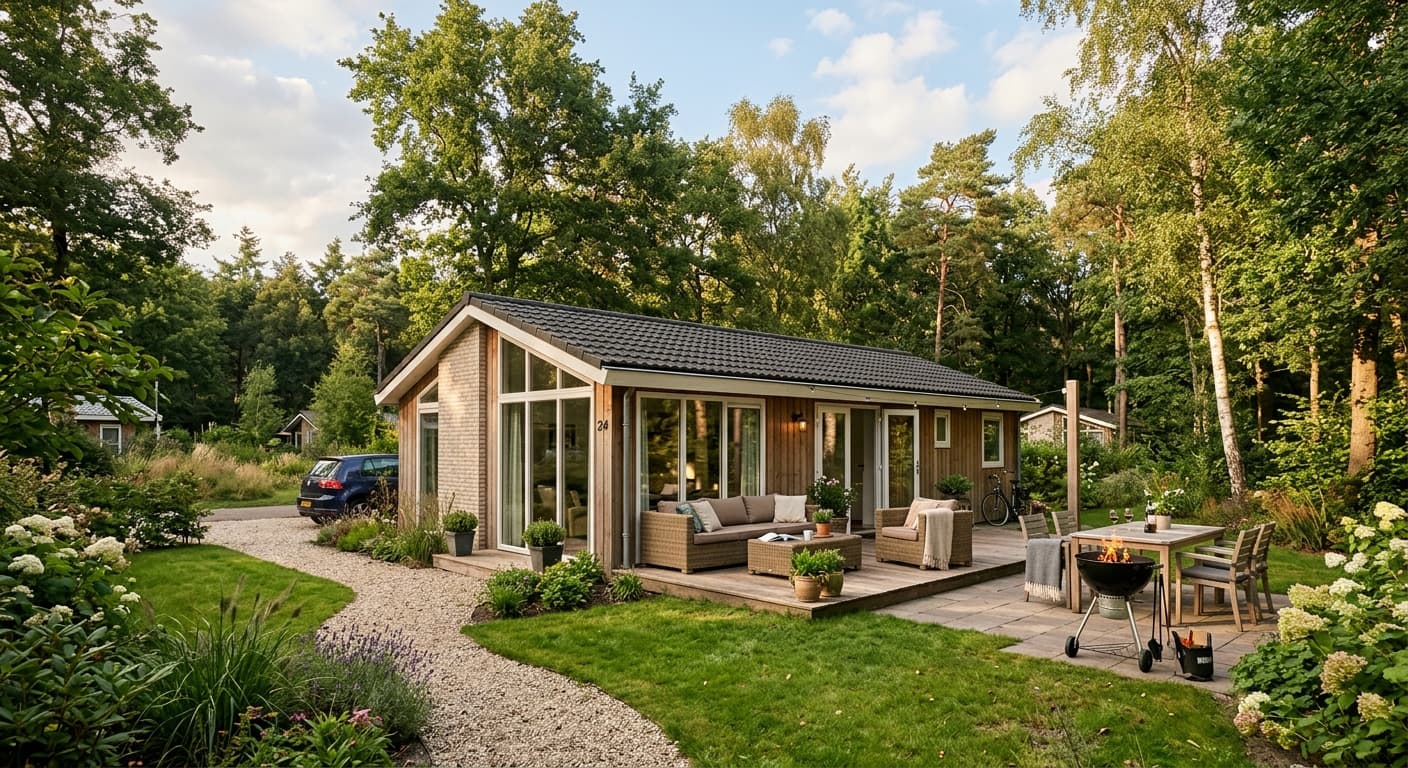 Modern houten vakantiehuis in een bosrijke omgeving met een gemeubileerd terras en een brandende barbecue.